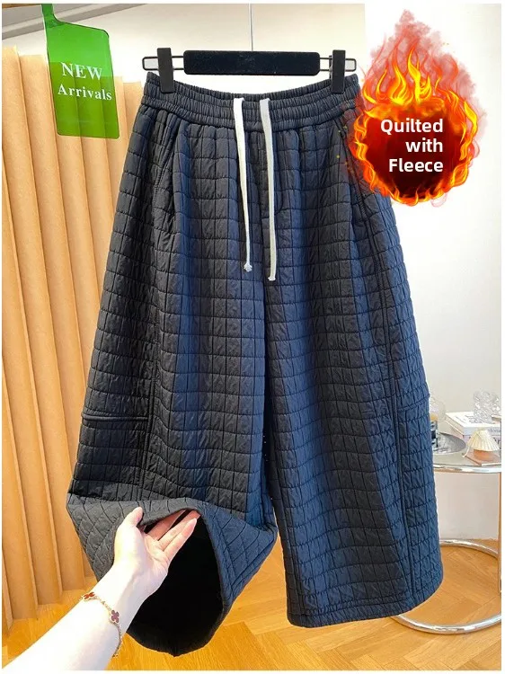 

Warm Fce Lined Cotton Trousers with Corded Elastic Waist Casual Wide Leg Pants Slimming Artistic Sle for plus Size Women