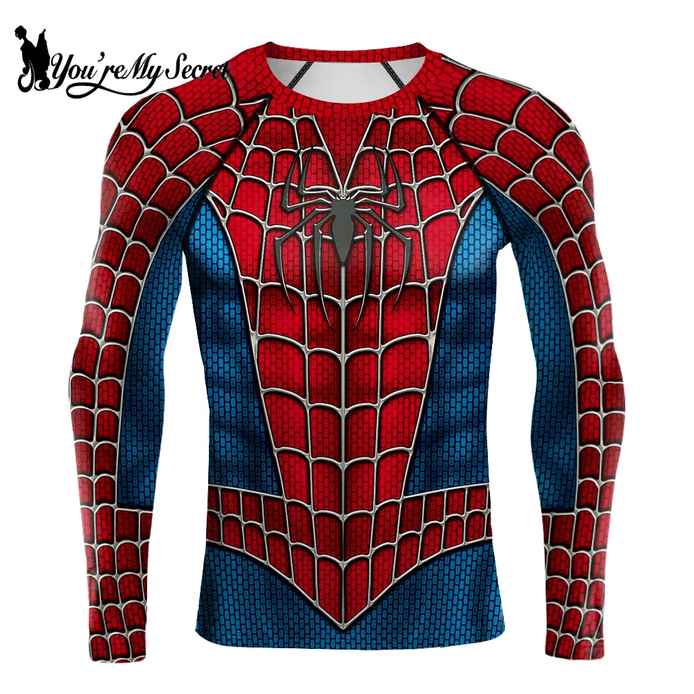 [You\'re My Secret] Movie Men\'s Spider Print Superhero Cosplay Costume Compression Quick Dry T-shirt Skinny Long Sleeve Tops