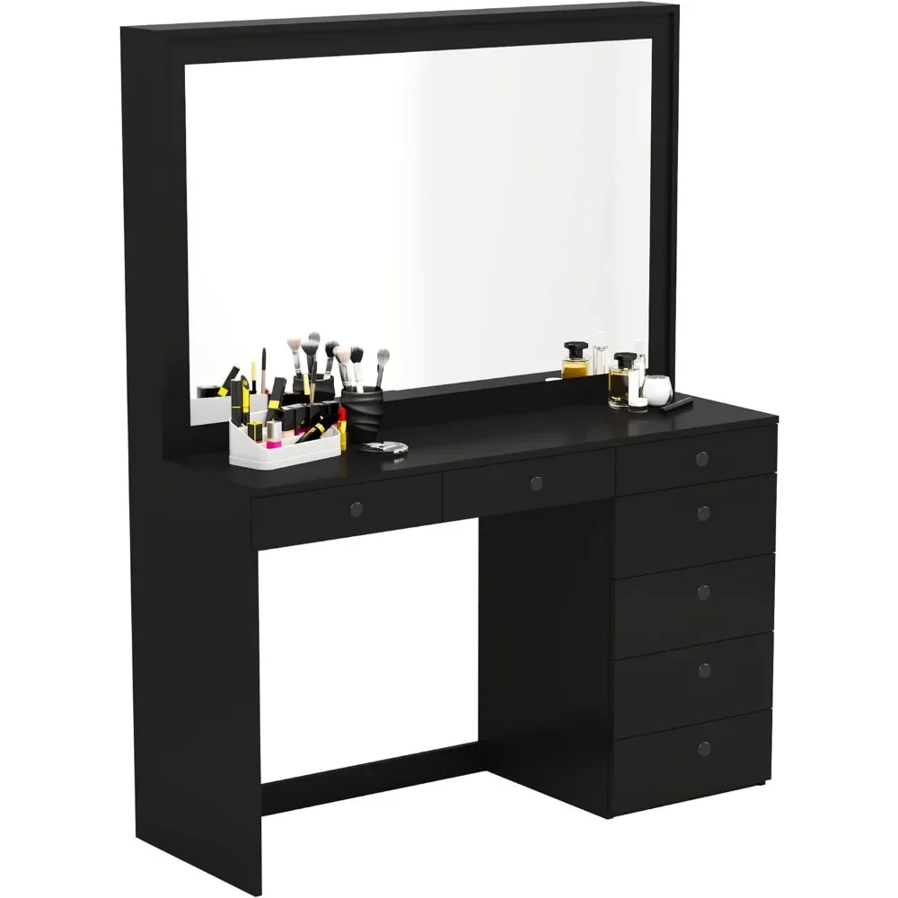 Boahaus Joan Vanity Makeup Desk with 7 Drawers, Wide Vanity Mirror, No Lights Add-on Included, Black