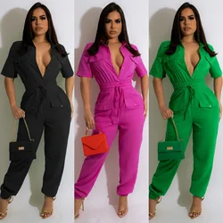 Women Lace Up Tight Waist One Piece Summer Jumpsuit Solid Overalls Casual Wide Leg Long Pants Short Sleeve Rompers 2023