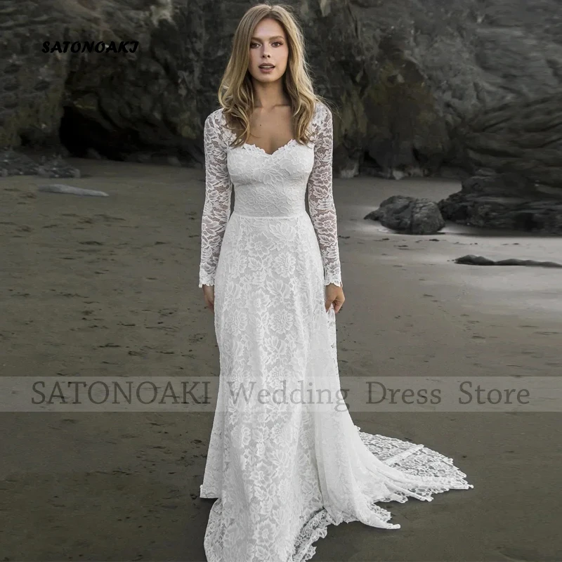 

Elegant Sexy Beach Lace Wedding Dresses for Women V-Neck A-Line Sweep Train Backless Bride Gowns Vestidos De Novia Robe Mariée