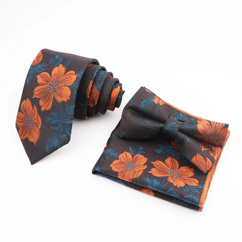 Classic Flowers Pattern Ties Polyester Handkerchief Bow Ties Set Neckties For Men Business Wedding Party Shirt Accessories Gift