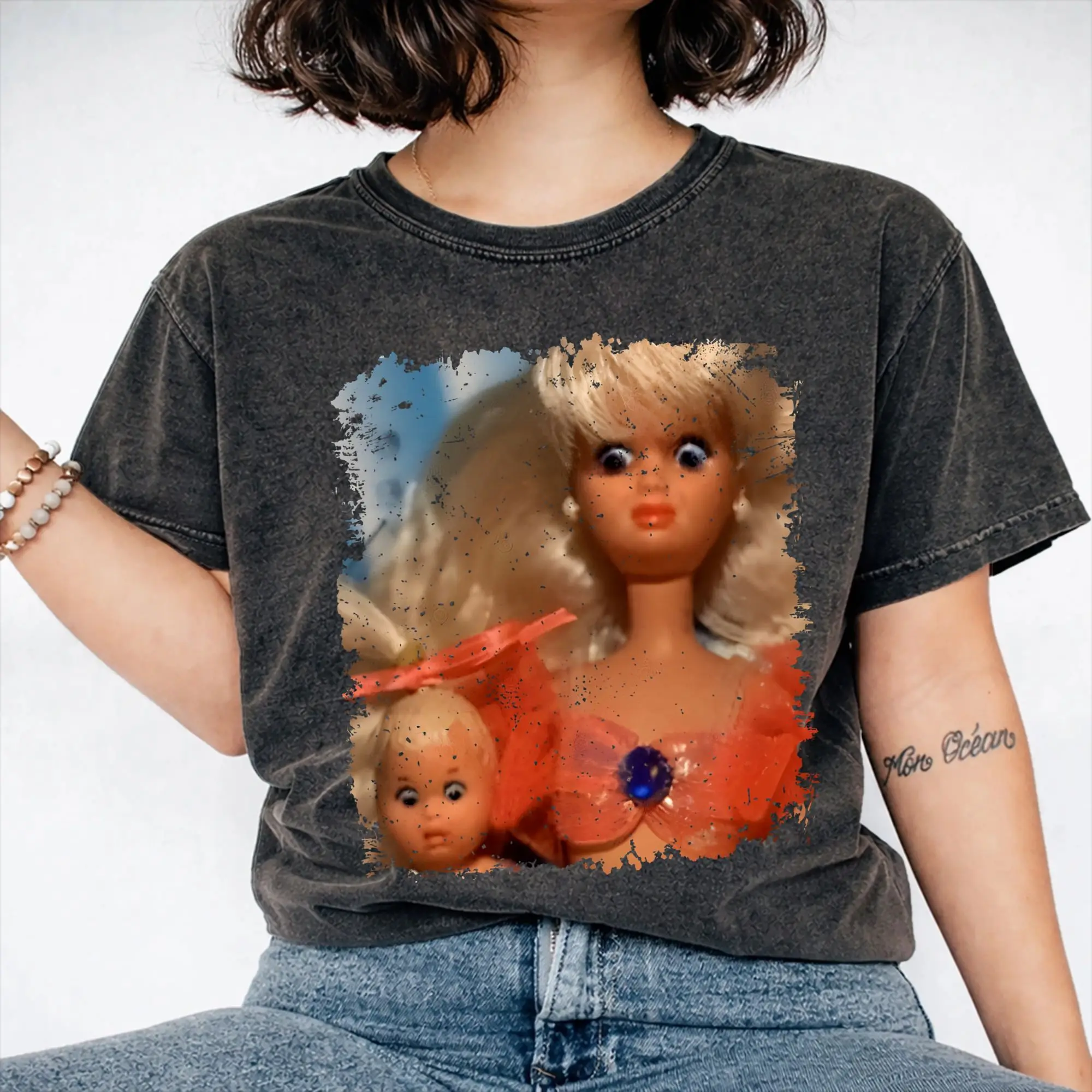 Disgusted Face Meme Doll Babe Washed T Shirts Streetwear Hip Hop Novelty T-Shirt  Tees Men Women Short Sleeve Streetwear