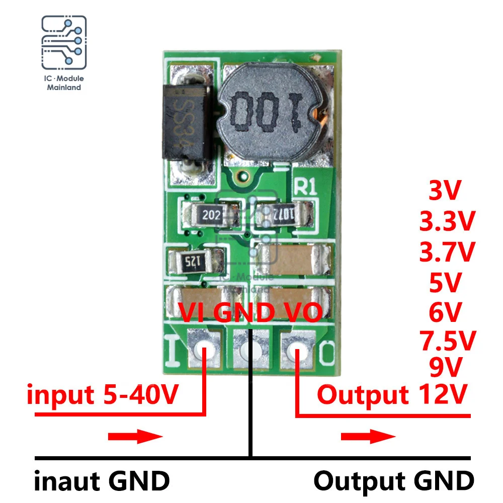 DC-DC-módulo convertidor reductor de voltaje, placa reguladora de voltaje sin Pin, DC 5-40V a 3V, 3,3 V, 3,7 V, 5V, 6V, 7,5 V, 9V, 12V, 1A