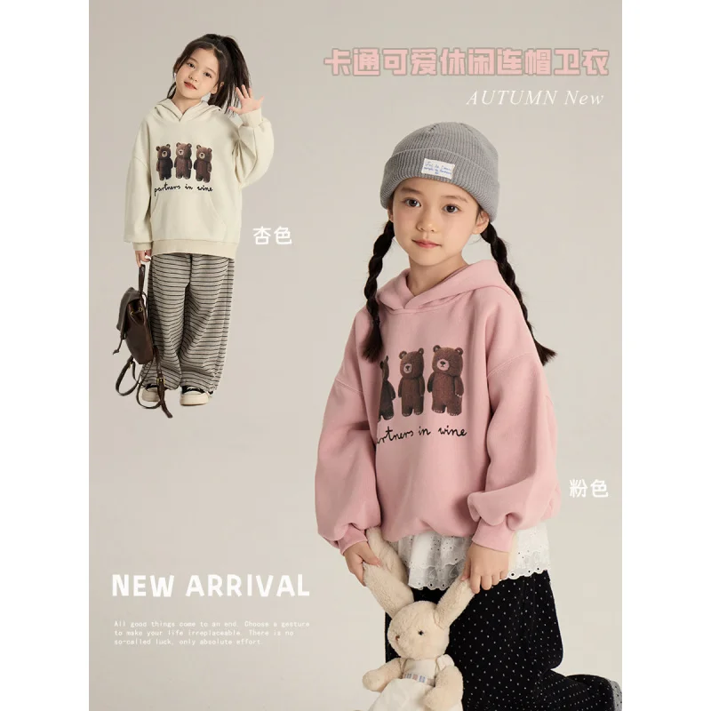 

2024Autumn New Girls Western Style Cute Cartoon Bear Hooded Sweater Children Loose All-Matching Top