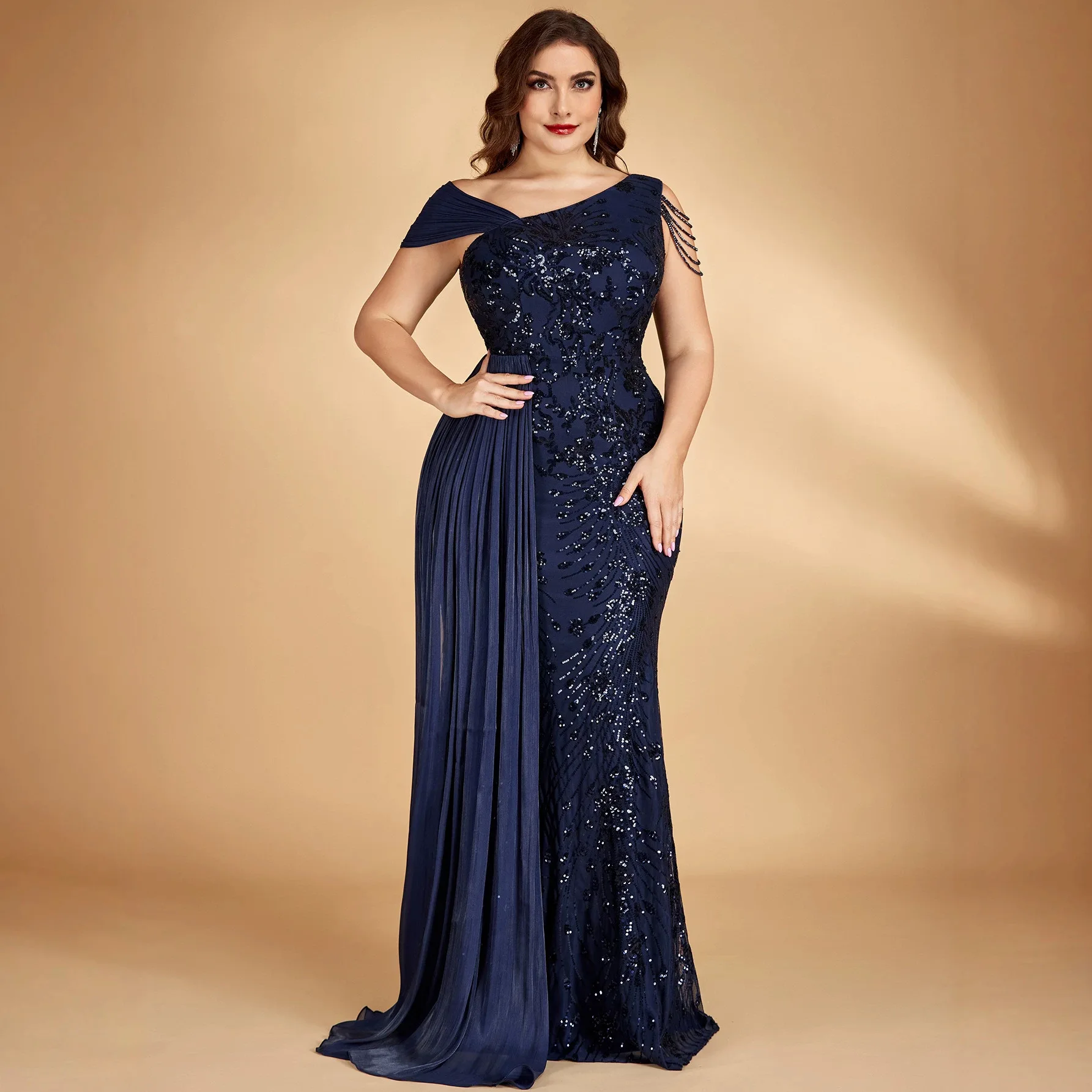 

Elegant Curvy Formal Gown Diagonal Cold Shoulder Chain Tassel Trim All Over Floral Sparkle Mesh Fishtail Dress