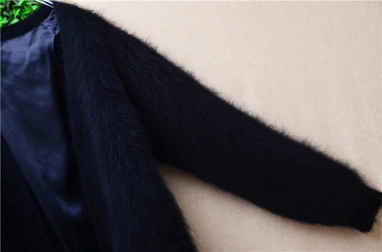 Female Women Fall Winter Clothing Thick Warm Black Hairy Mink Cashmere Knitted Long Sleeves Loose Cardigan Angora Sweater Jacket