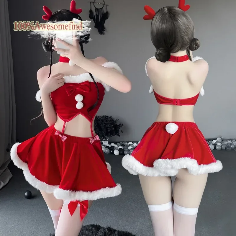 2024 女性クリスマスクリスマスレディサンタクロースエロコスプレ衣装ヘラジカセクシーなランジェリーエキゾチックな冬分離制服ファンシー D MN1