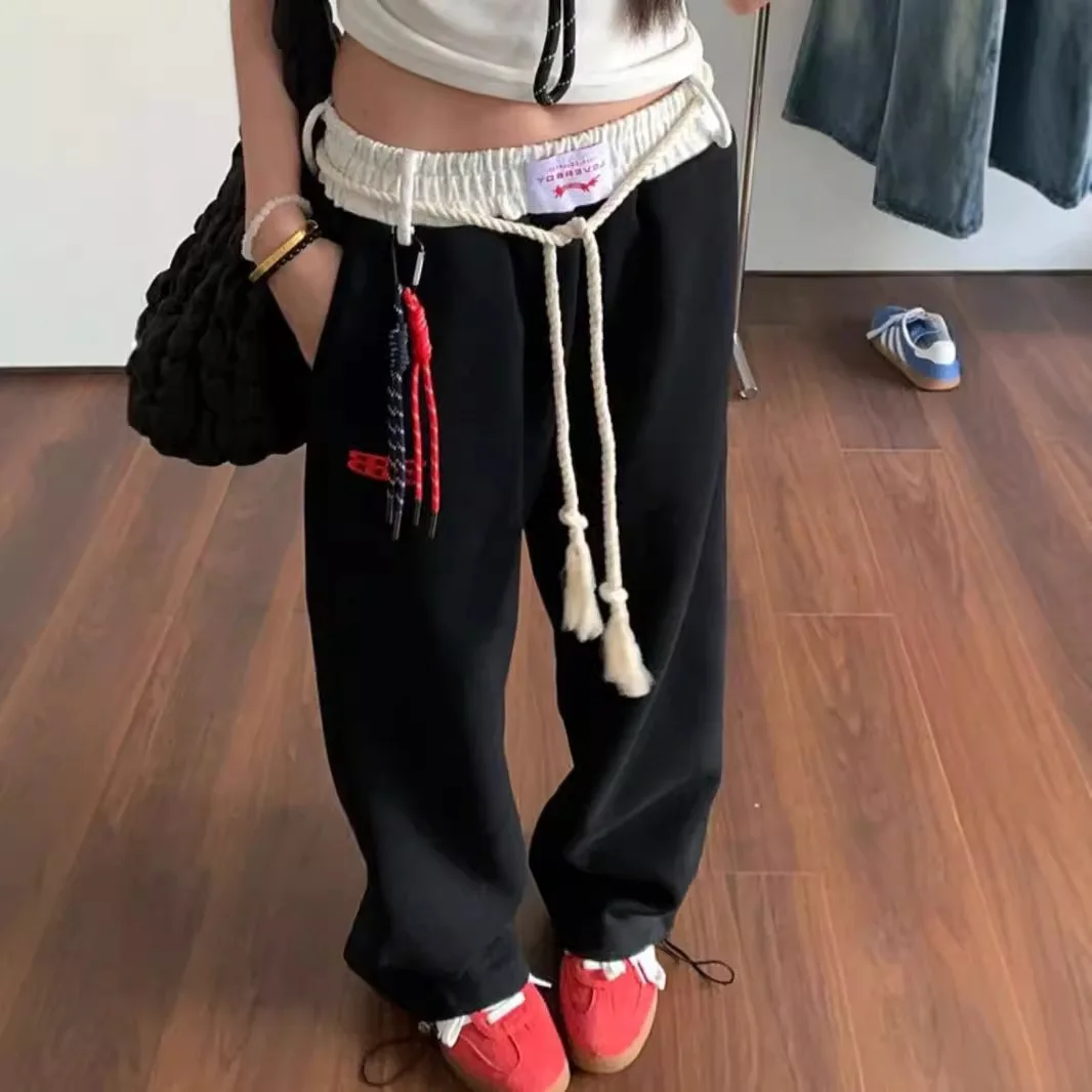 Women's Autumn Winter Slim Waist Cargo Baggy Pants Sports Loose Wide Leg Drawstring Hip Hop Y2K Joggers Trousers