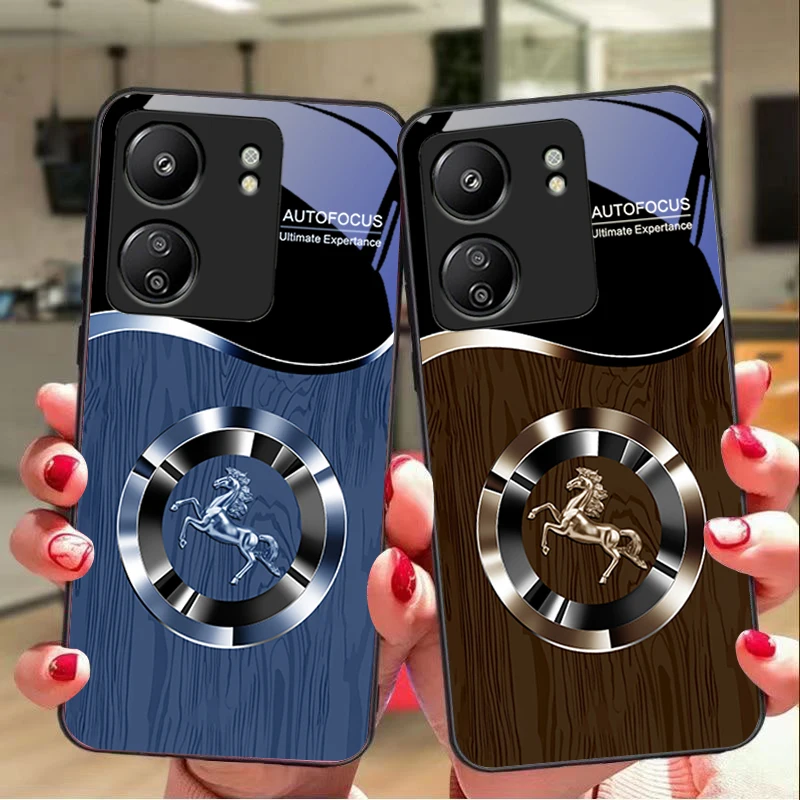 Wood grain horse blue For Xiaomi Redmi 13C Note13 12 Pro Plus 5G Note 9 13T Pro POCO X6 F5 F6 Black tempered glass phone case