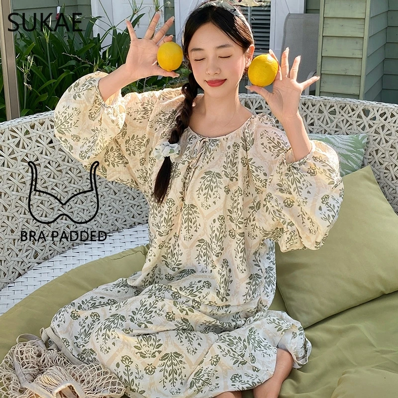 SUKAE Cotton Nightgowns for Women Autumn New Lady Long Gowns Fashion Elegant Nightwear Stylish Sleepshirt Casual Chic Girl Dress