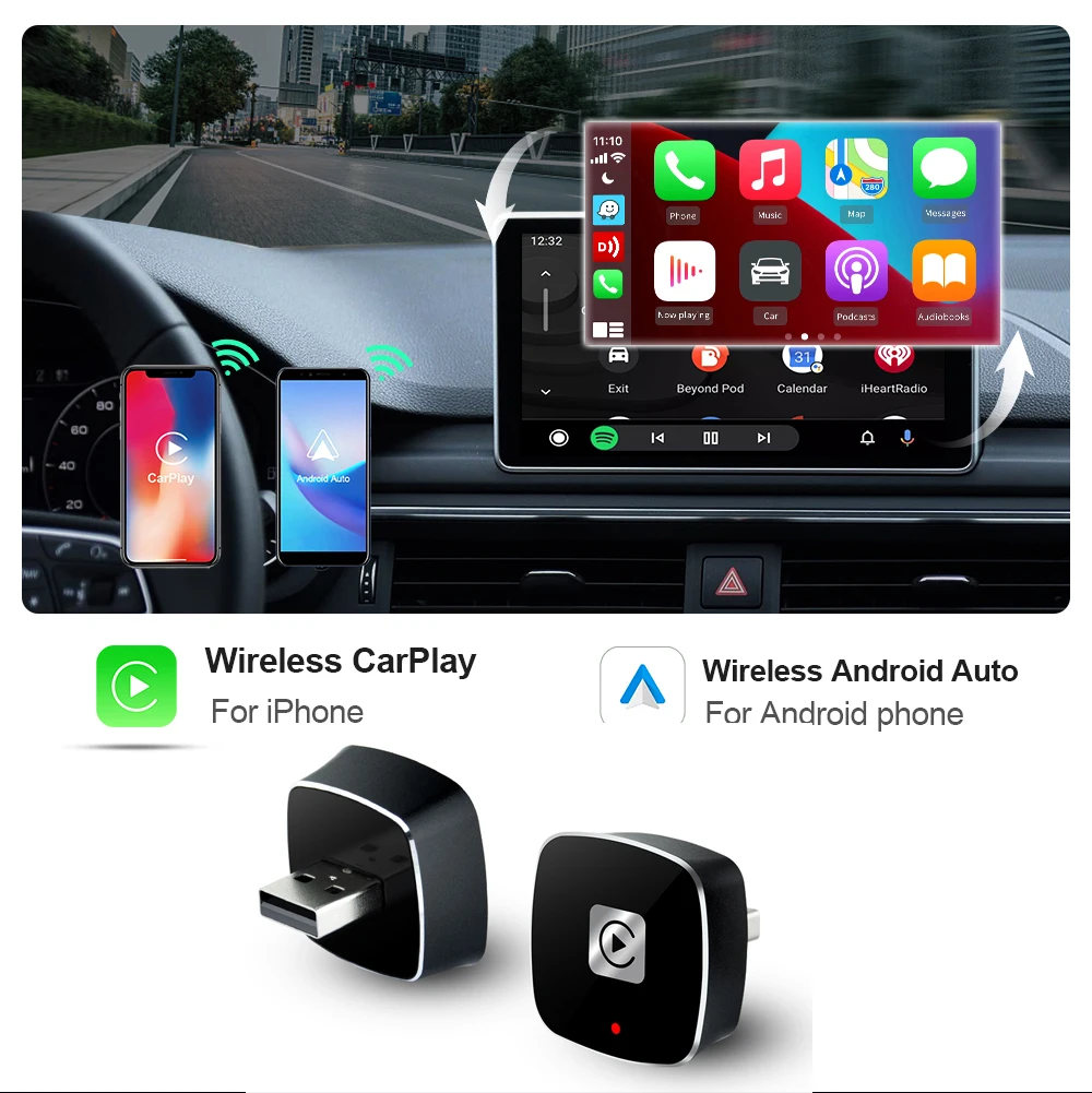 

Беспроводной адаптер 2 в 1 Carplay для Android iPhone Auto Проводной к беспроводной AI Box USB-соединение для Volvo Benz Mg Kia Chery VW