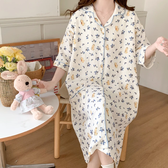 100% Cotton Double Gauze Nursing Nightdress for Maternity Summer Soft Thin Floral Printed Sleepwear Pregnancy Home Hospital Wear