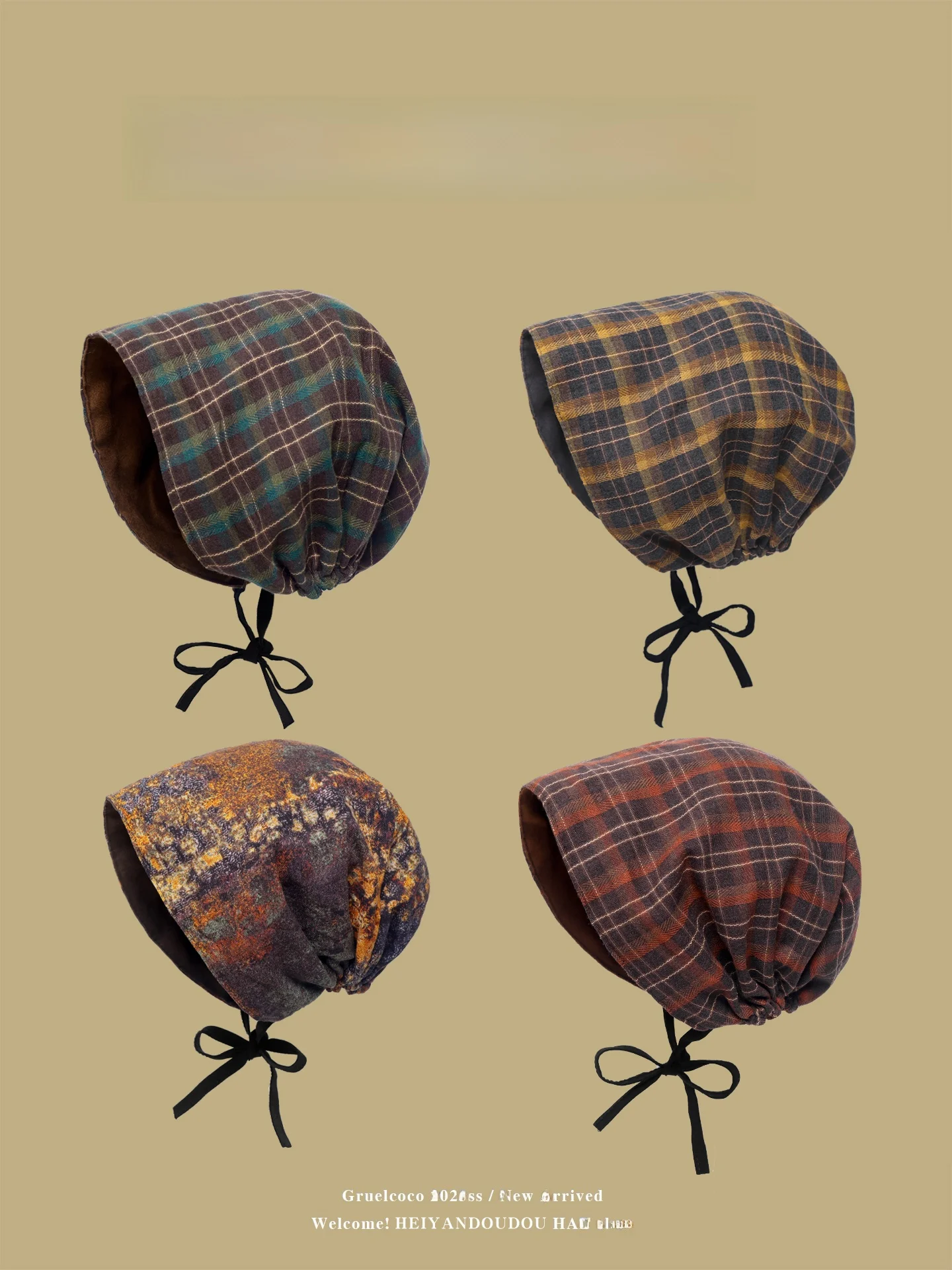 Retro Grid Thin Women's Spring Autumn Off-Shoulder Capsule Hat Loose Cold Weather Overhead Fashionable Headwear Casual No-Brim