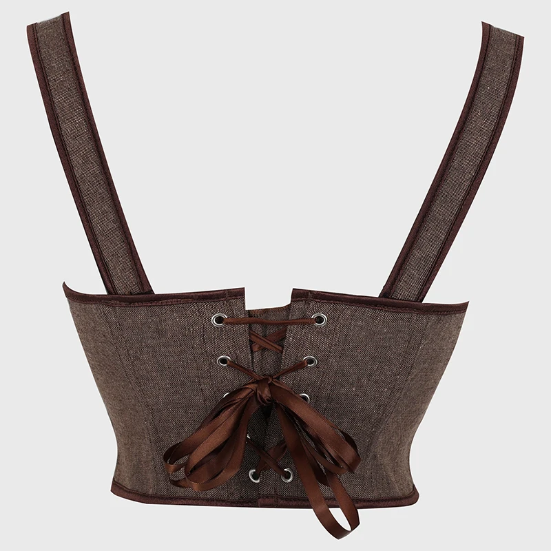 XS-XL Brown Overbust Corset Bustier Lace Up Boned Waist Trainer Push Up Top Women Stage Performance Costume Fashion Wear