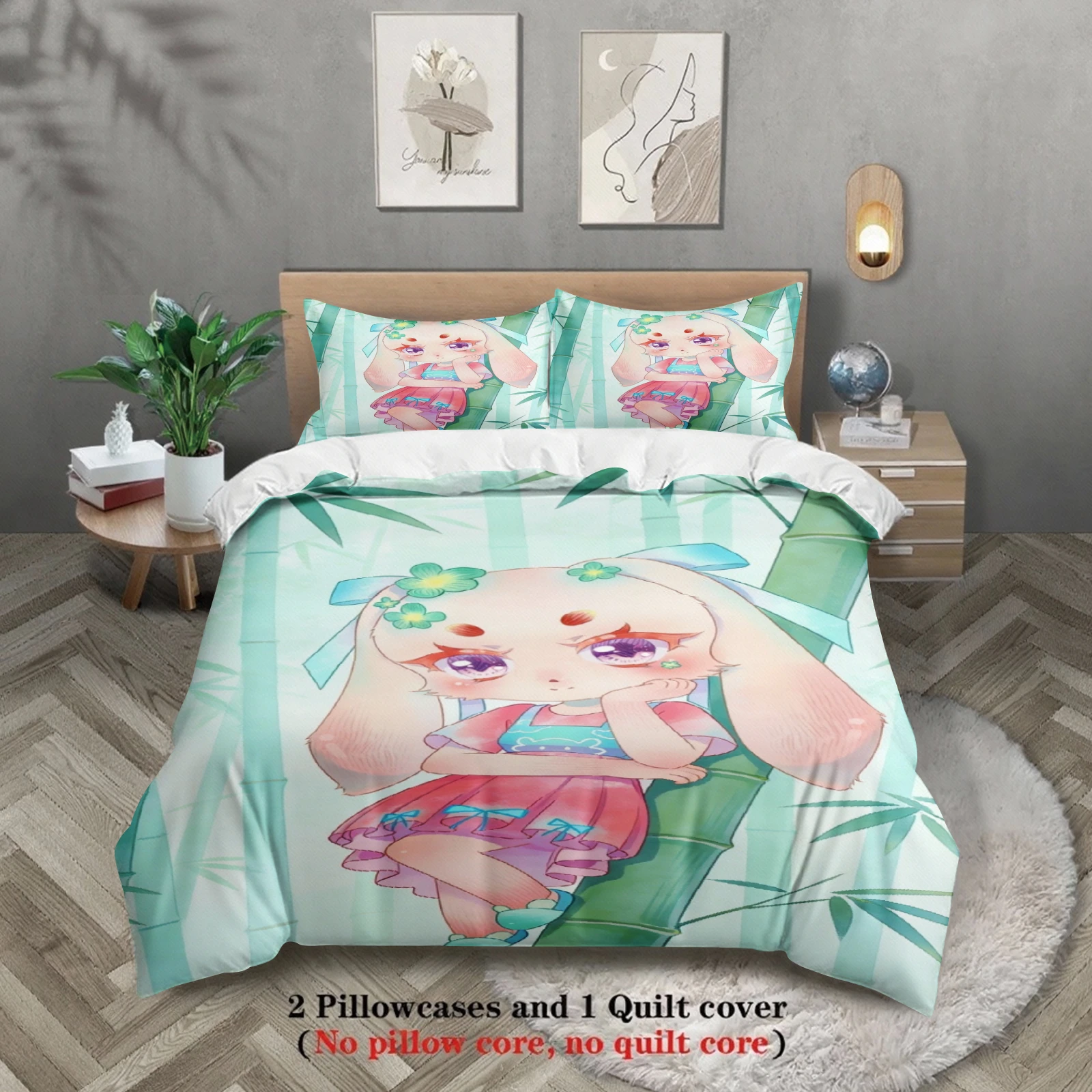 Softville Cozy Town 3PCS Bedding Sets Lop Rabbit Banboo forest Pinted Duvet Cover No filling Cartoon Style Queen King Size