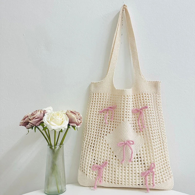 Fashion Sweet Bow Knitted Hollow Out Tote Bag Torba na zakupy o dużej pojemności Damska szydełkowa torba na ramię Dorywcza torebka pod pachę