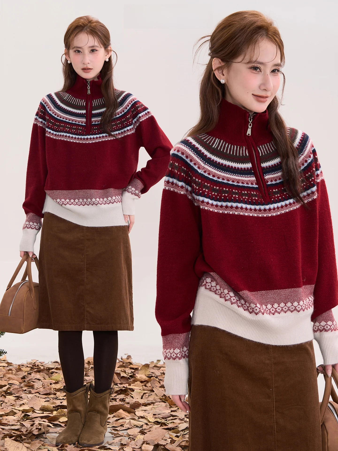 

Heme Knitted High Collar Sweater with f Zipper for Women Warm Retro Fair Isle Patterned Winter Faion Casual Long Sve