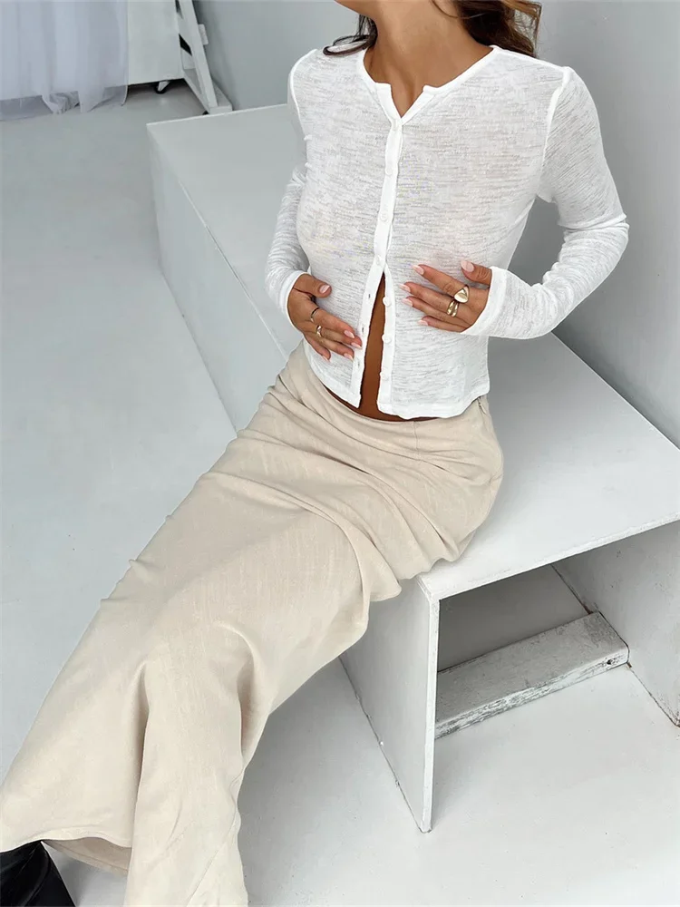 Women See Through Knitted Shirts Long Sleeve Button Up Slim Fit Crop Top Summer Fall Sexy Aesthetic Y2K Tops and Blouses