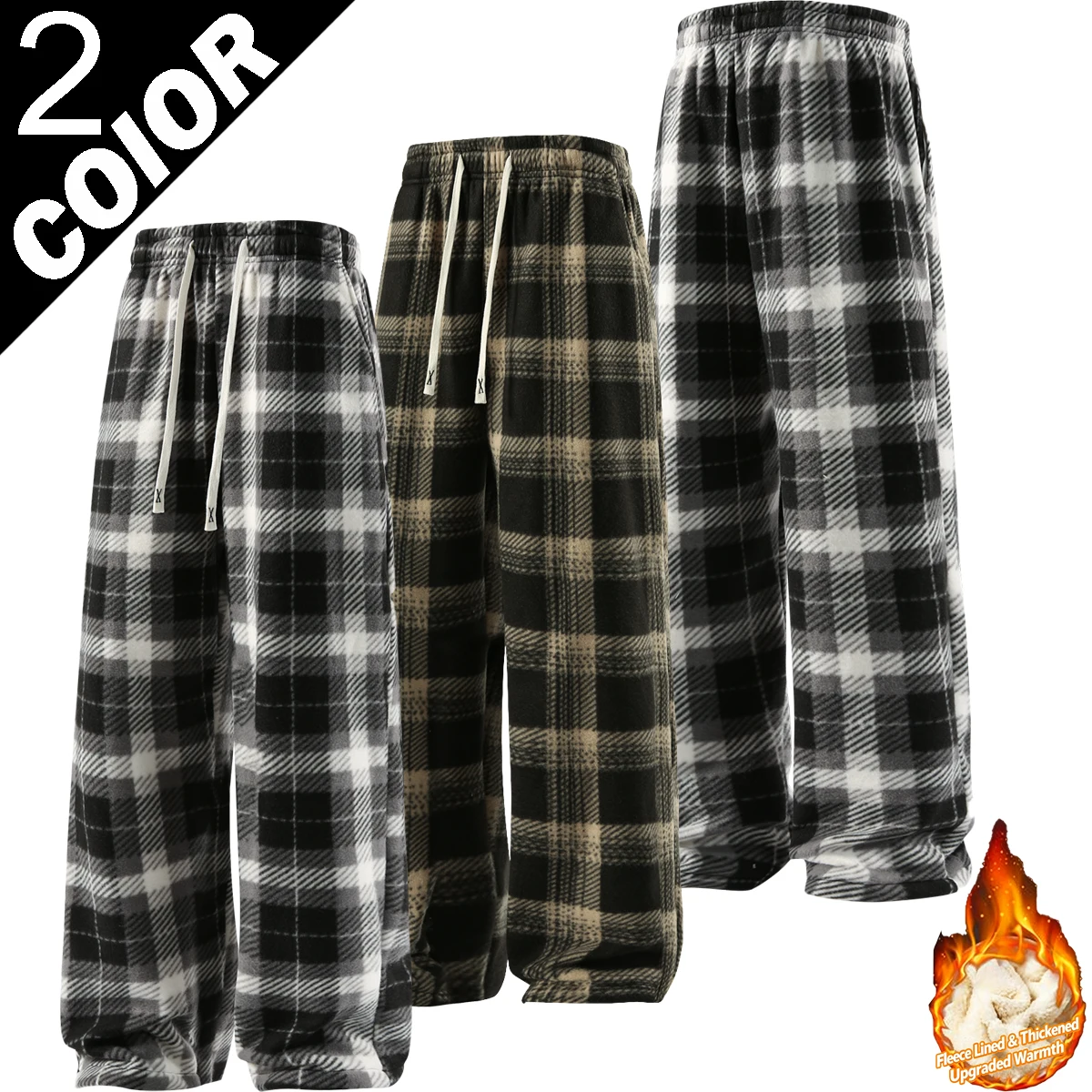 Men Plaid Fleece Wide Leg Pants, Elastic Waist Drawstring, Loose Baggy Casual Trousers, Black White Check Warm Winter Pants - view 3