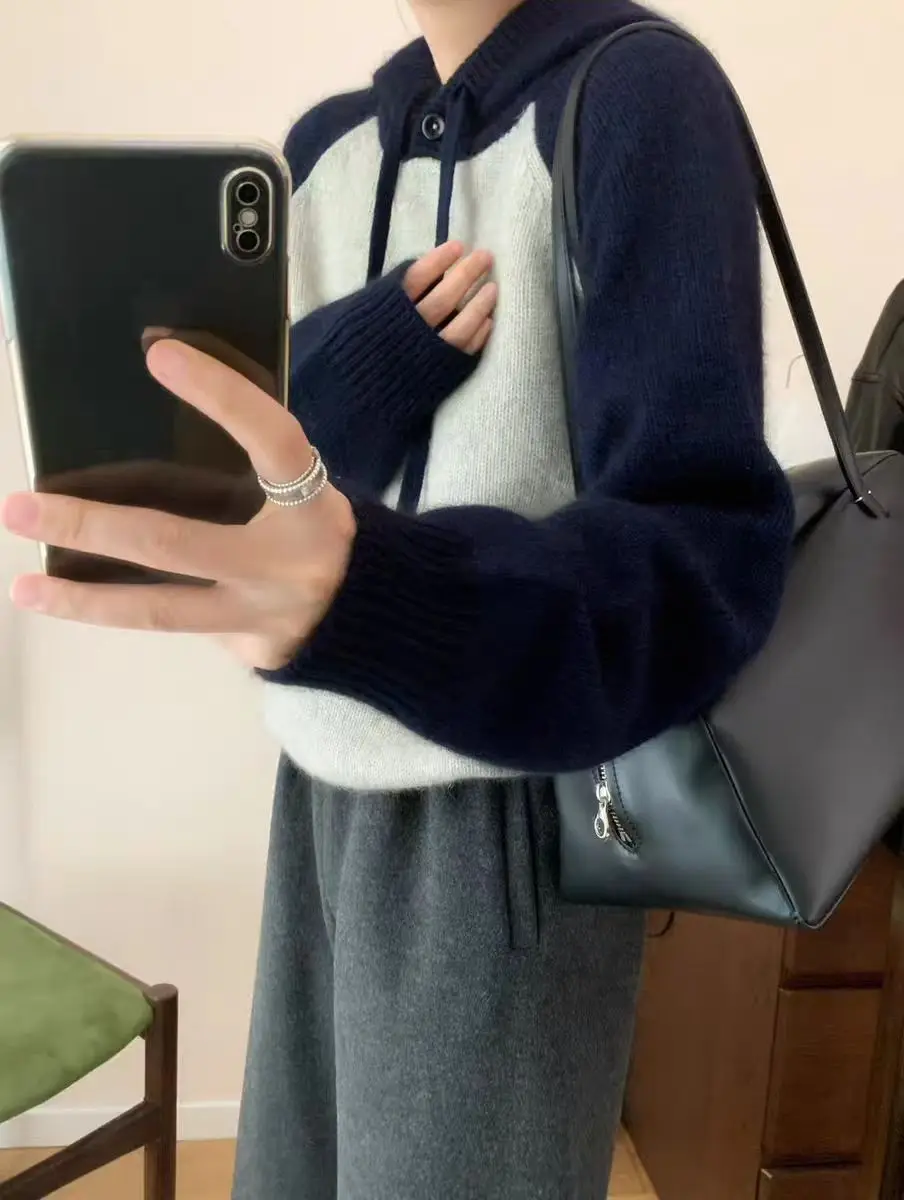 100% Merino Wool Women's Hooded Pullover Autumn Winter Thick Casual Fashion Cashmere Hoodie Knitted Sweater