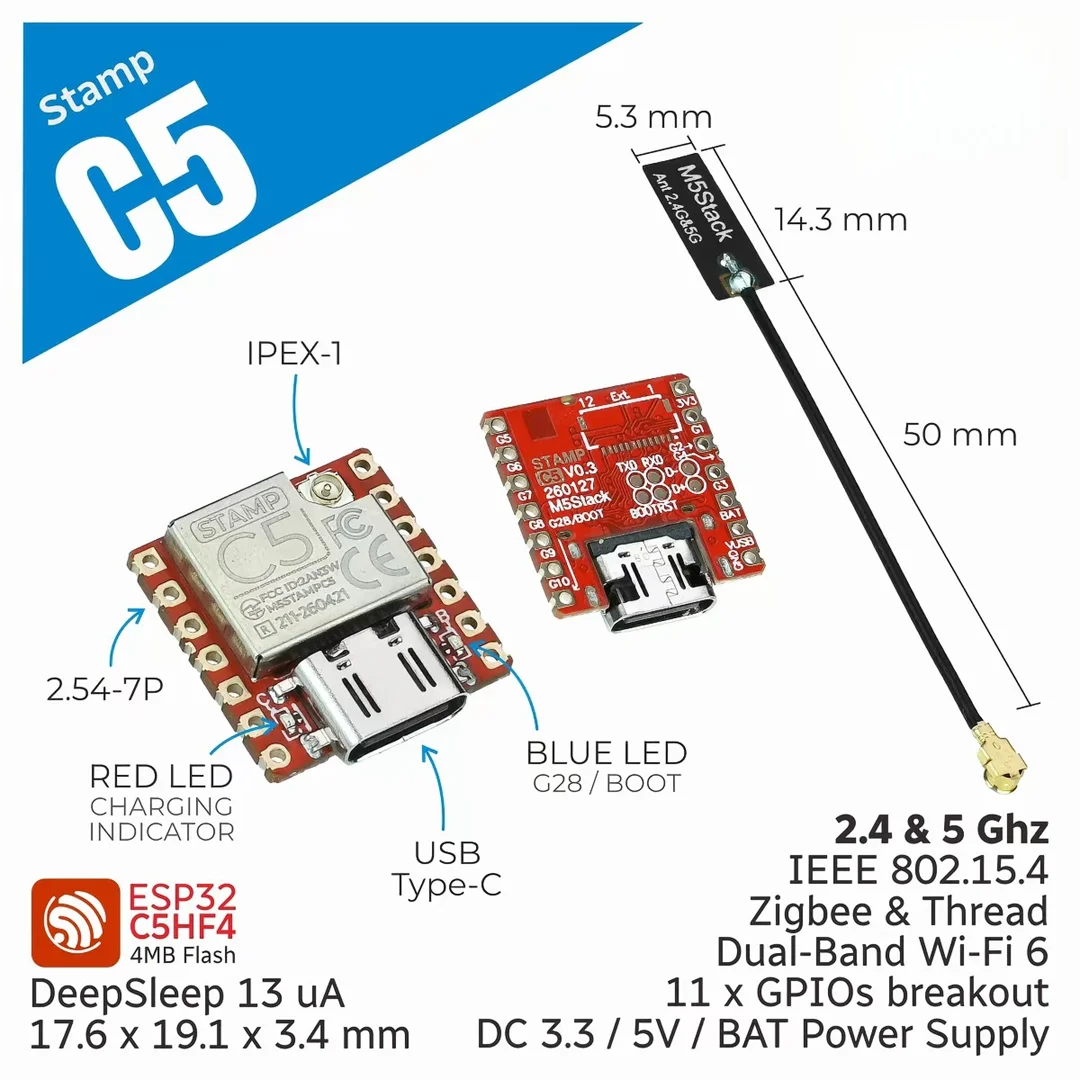 The official M5Stack Stamp-C5 highly integrated wireless connectivity module is equipped with ESP32-C5HF4