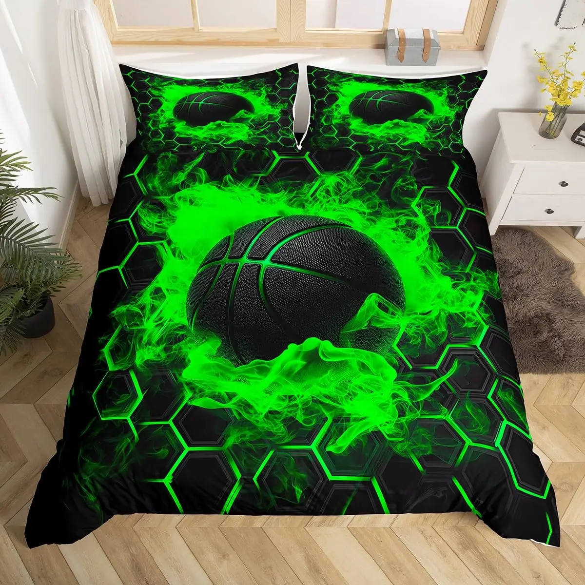 Boys Basketball Duvet Cover Twin Queen Size for Kids Teen Room Sports Bedding Set, Ball Game Comforter Cover with Pillow Case - view 4