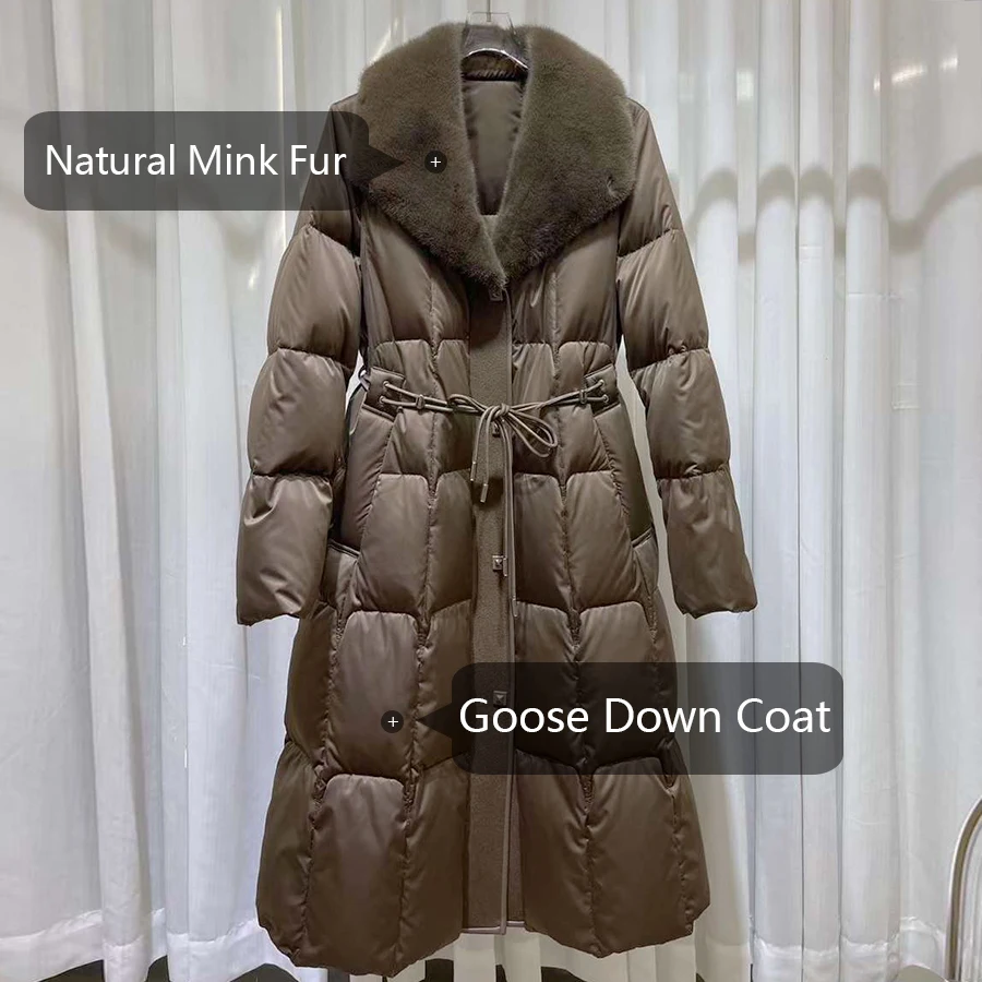 Long manteau en duvet d'oie avec col en fourrure de vison véritable pour femme, doudoune d'hiver, fourrure véritable, luxe, nouveau, 2024