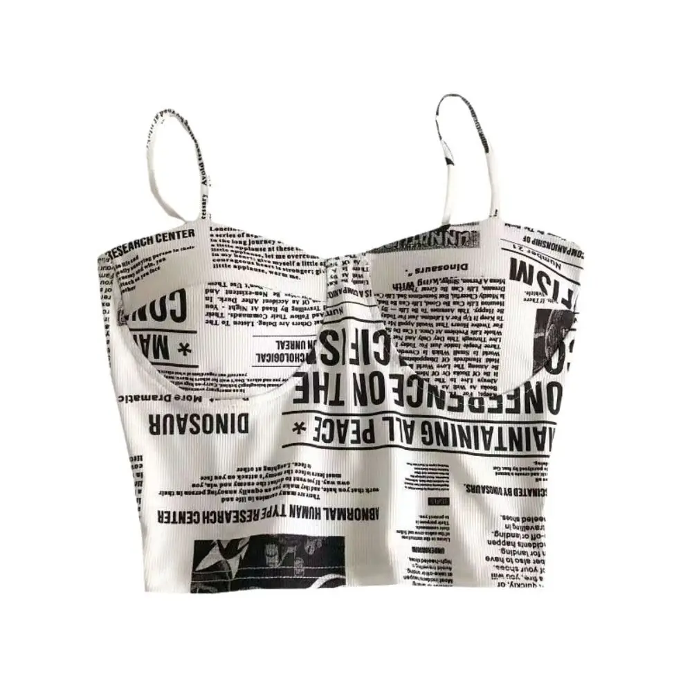 New Printed Newspaper Sleeveless Tops with Chest Pad Creative Camisole Ice Ribbon Vest Women