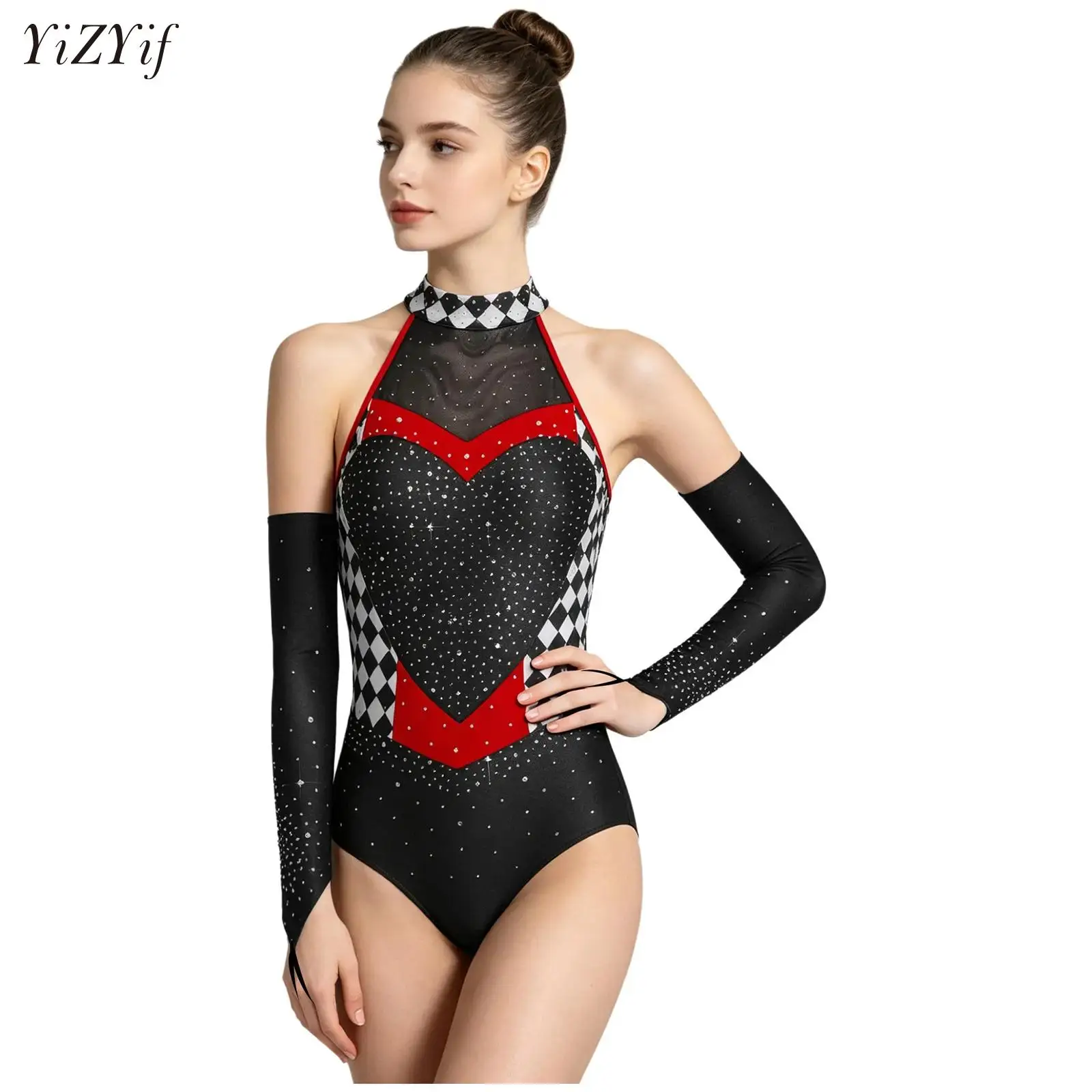 Damen Clown-Königin Zirkus Cosplay Bodysuit und Handschuh-Set, Schachbrettmuster, Strass, Rückenfreier Neckholder, Farbblock-Leotard-Jumpsuit