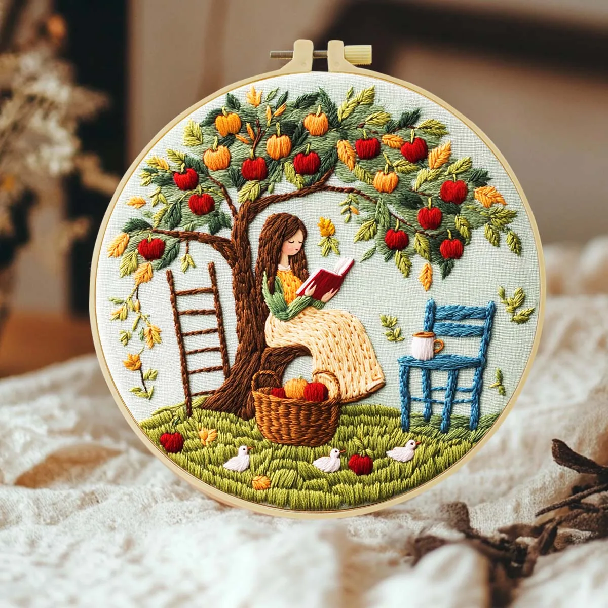 Kit de bordado de 1 pieza, 20x20cm/7,9x7,9 pulgadas, para mujeres bajo árboles frutales, kit de bordado DIY hecho a mano, adecuado tanto para adultos