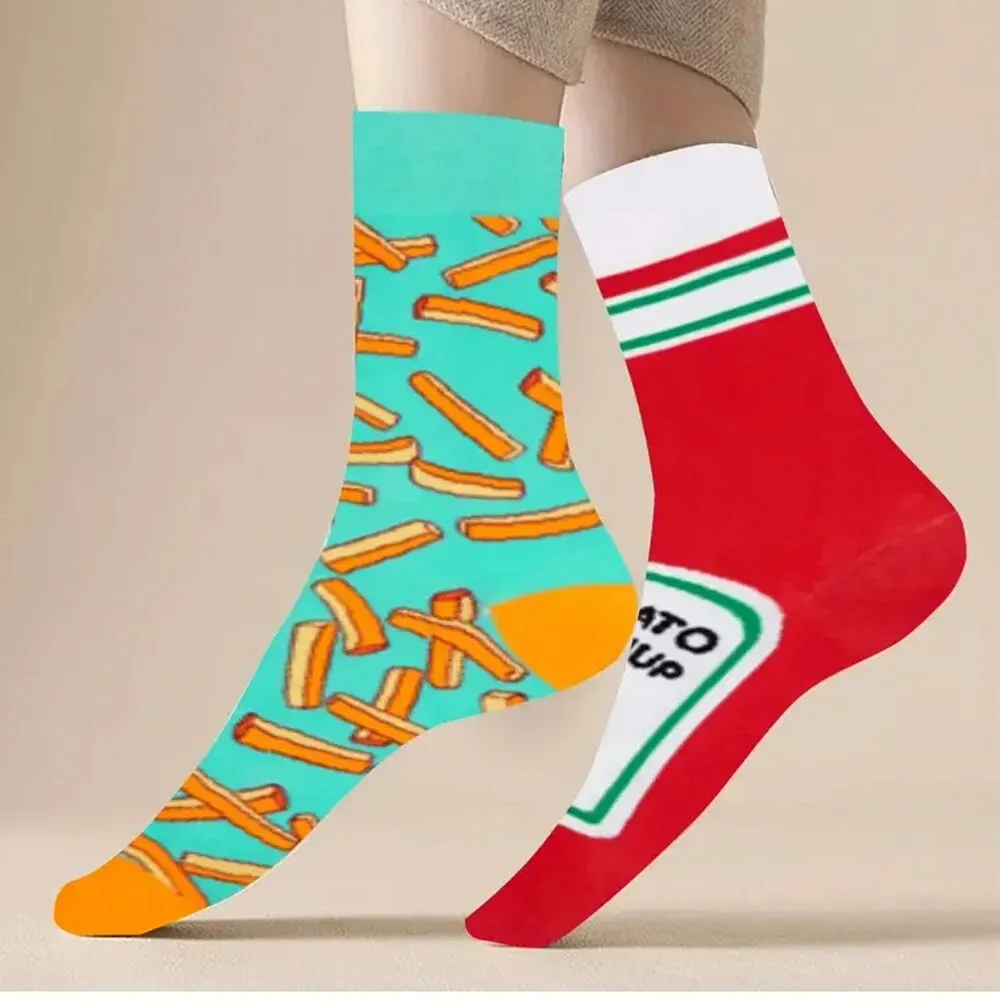 A Pair Of Men's Fries Tomota Graphic Novelty Crew Socks, Comfy Breathable Casual Socks For Men's Wearing