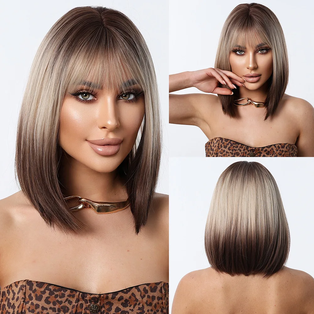 

European and American Bobo wig short hair straight hair dyeing gradual change brown women full head cover Qi bangs daily wig