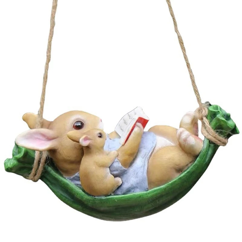 Swing Rabbit Garden Ornament Courtyard Outdoor Indoor Tree Hanging Resin Swing Decoration Pendant Balcony Animal Crafts Durable