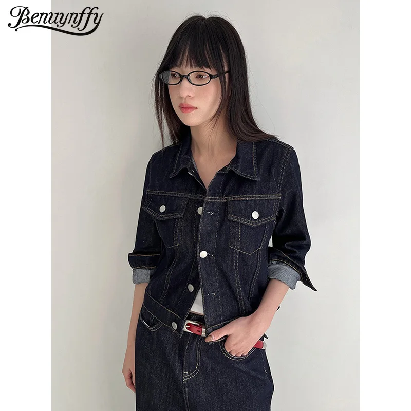 

Benuynffy Vintage Single Breasted Short Denim Jacket Women 2026 Spring New Casual Long Sleeve Female Jean Coat Fashion Outwear