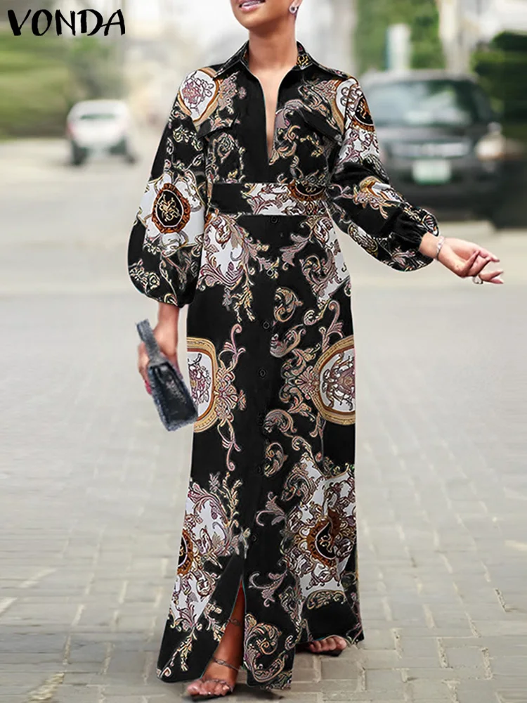 Plus Size 5XL VONDA Women Bohemian Maxi Long Dresses 2024 Vintage Lantern Sleeve Printed Vestidos Turn-down Collar Casual Robe