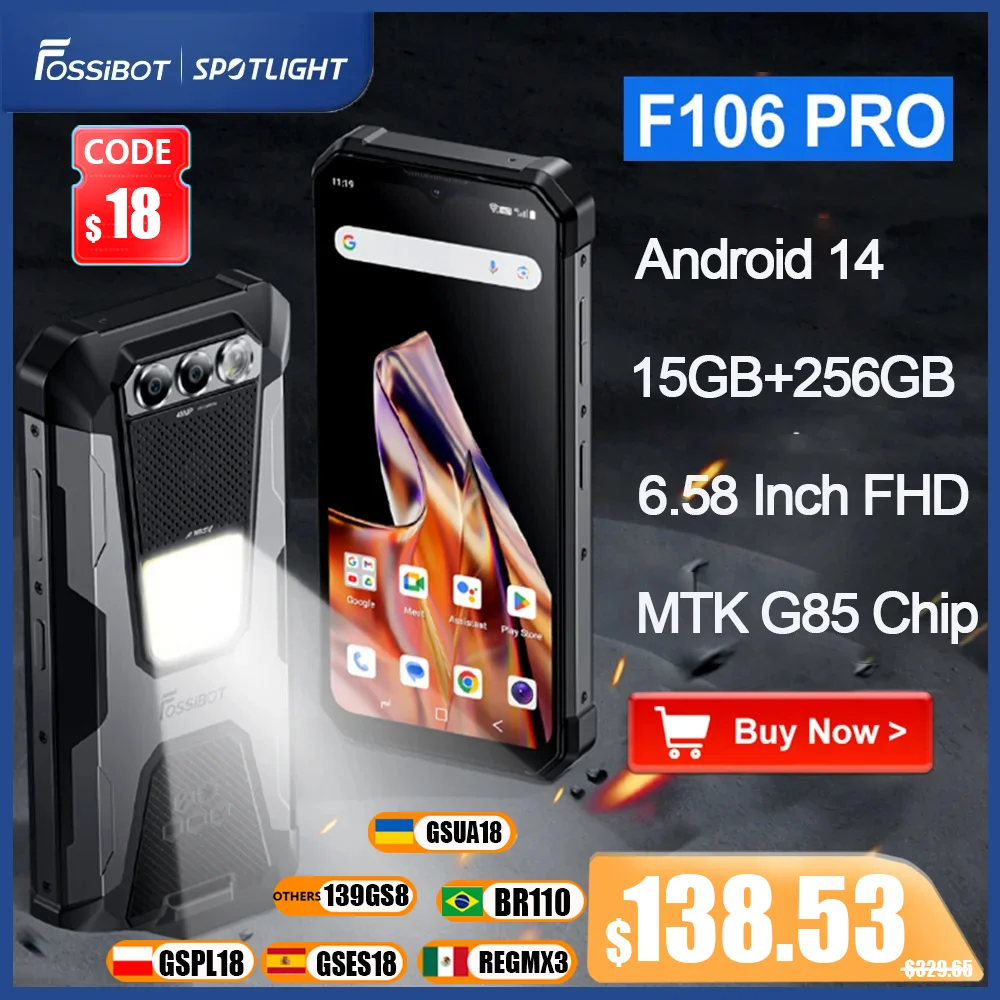 FOSSIBOT F106 PRO 견고한 스마트폰, MTK G85, 15GB + 256GB, 12000mAh, 안드로이드 14 NFC