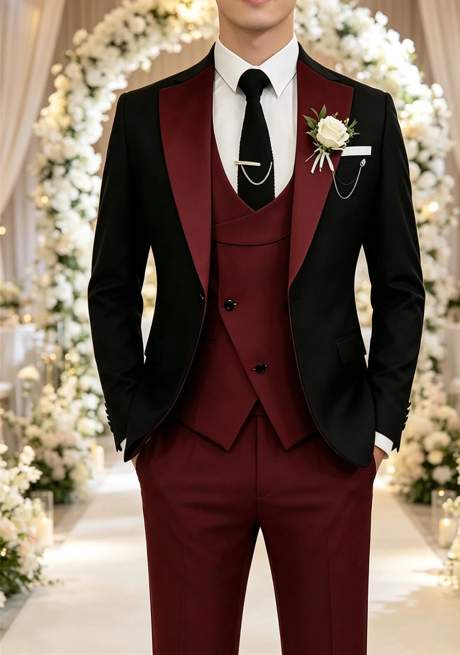 Herren zweifarbiger lässiger 3-teiliger Anzug, Slim Fit, einreihiger Blazer, Weste, Hose, modisches Outfit für Dates, Treffen und Streetwear – Detail 2