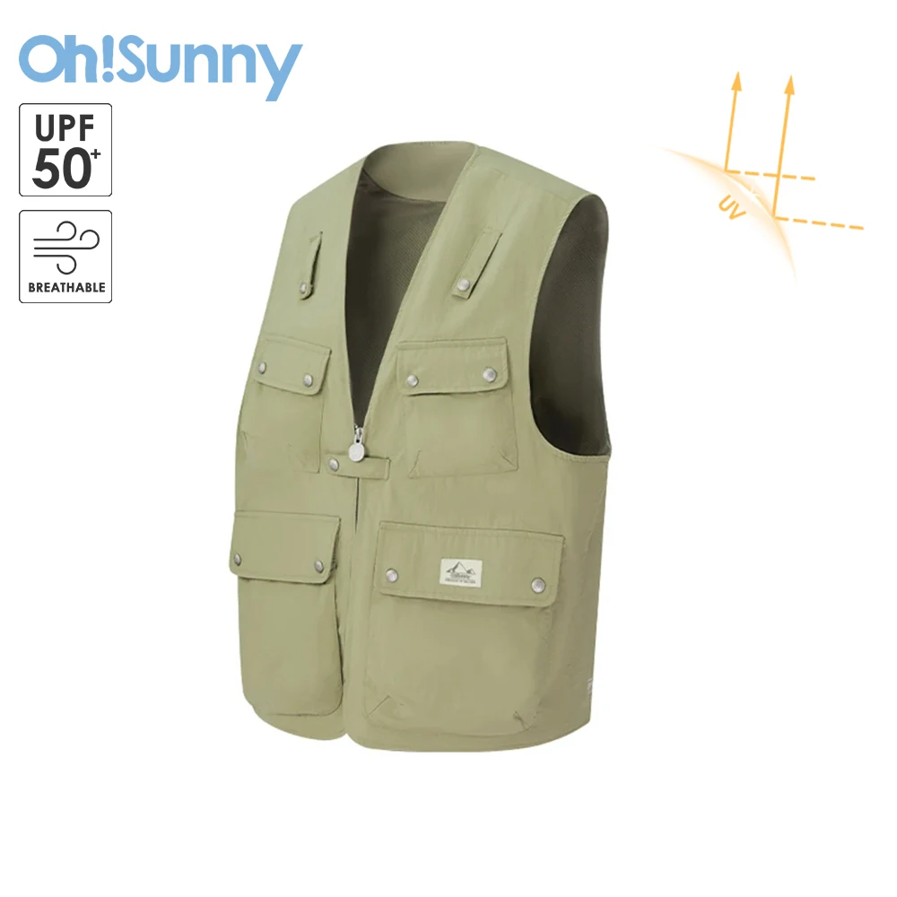 OhSunny Sunscreen Vest Spring Summer Neutral Jackets Anti-UV UPF50+ Outdoor Breathable Paper Feeling Fabric V-neck Tooling Coat