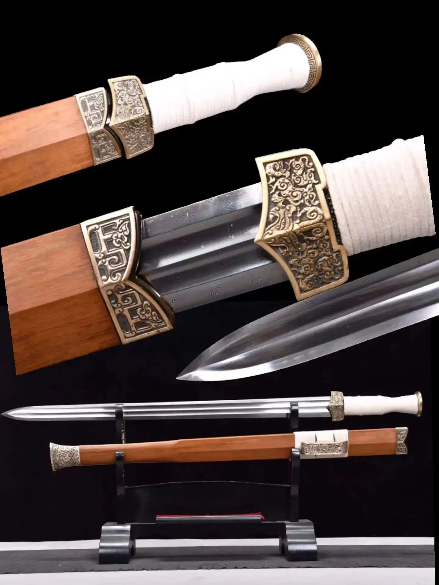 Real Handmade Multi Refined Twisted Star Patterned Steel Blade,Chinese Kungfu Battle Sword,Top Ebony Scabbard,Unhardened