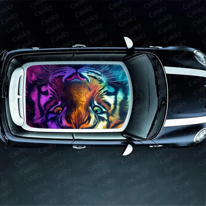 Rainbow Tiger Animal Print Car Roof Sticker Wrap Racing SUV Auto Accessories Packaging PVC Car Hood Graphic Decal Decoration