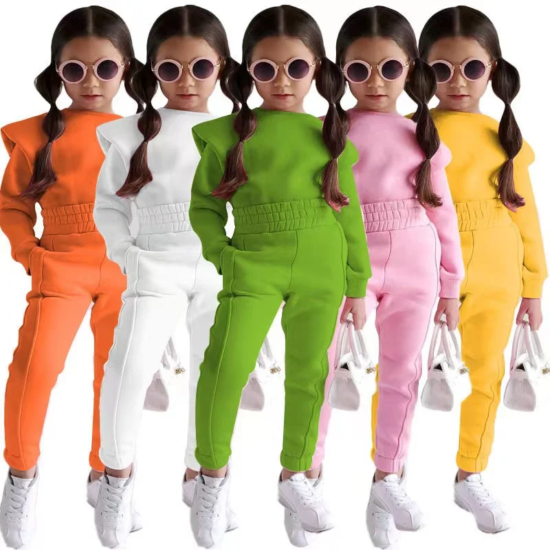 2024 Kinder neue Kleidung für Mädchen Herbst und Winter Süßigkeiten Farbe Mode Langarm Hoodie Hose zweiteiliges Set