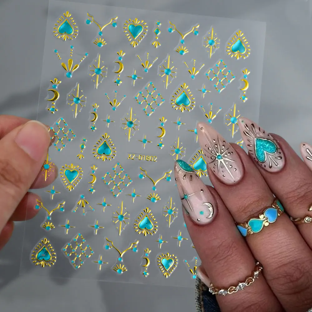 1pcs 5D Bronzing Blue Crystal Star/Sun/Moon Nail Art Sticker Metallic Bohemian Style Nail Decals 8*10cm Adhesive Manicure Slider