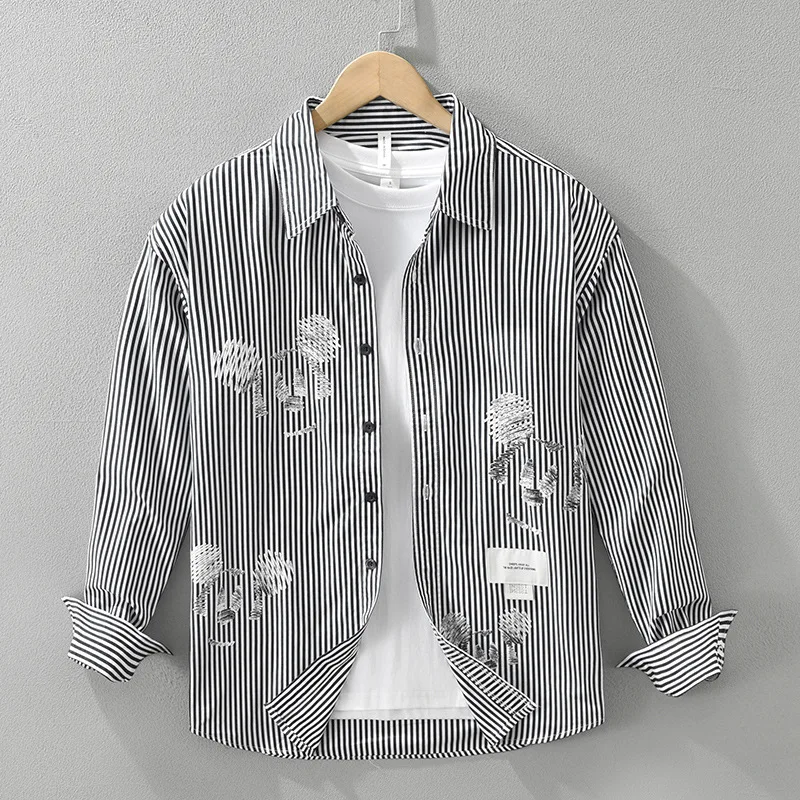 Men's Japanese Style Printed Striped Long Sleeve Shirt Streetwear Casual Loose Fit Artistic Breathable Cotton Button Down Shirts