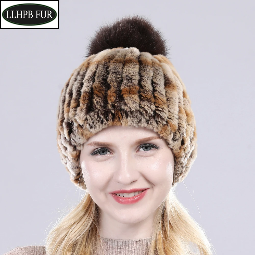 

Hand Knitted Pompom Hat Women Beanies Solid Elastic Real Rex Rabbit Fur Cap Winter Hat Skullies Fashion Accessories Lady Fur Hat