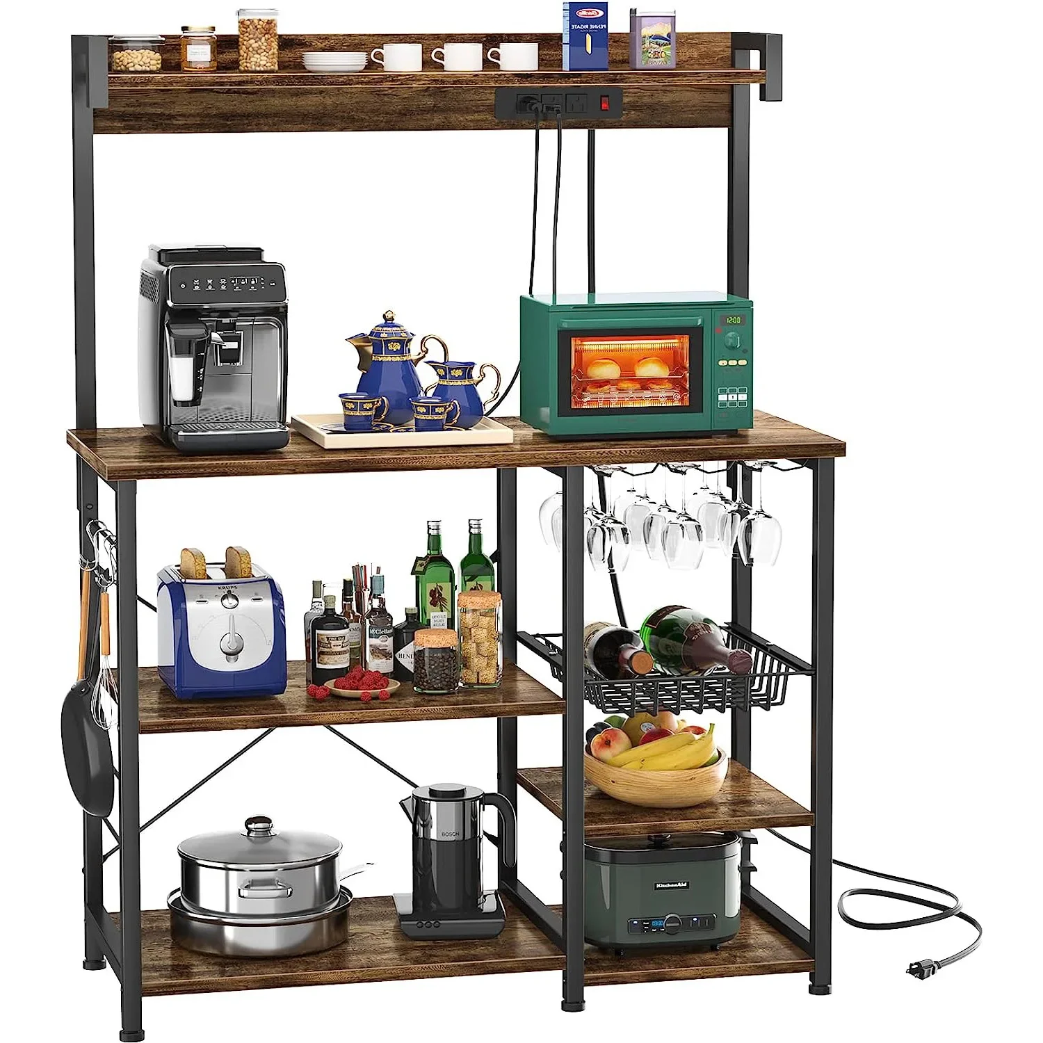 a*-Bread rack with power outlet, microwave rack, kitchen storage rack with steel wire basket.
