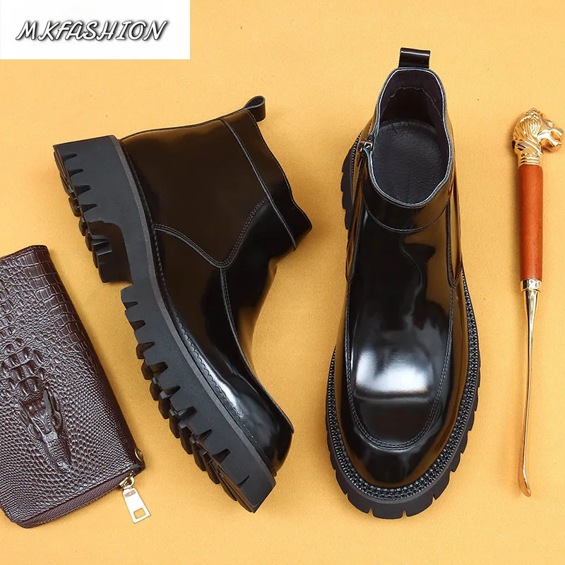Autumn Men Business Casual Shoes Short Boots Round Toe Side Zipper Thick Soled Ankle Booties
