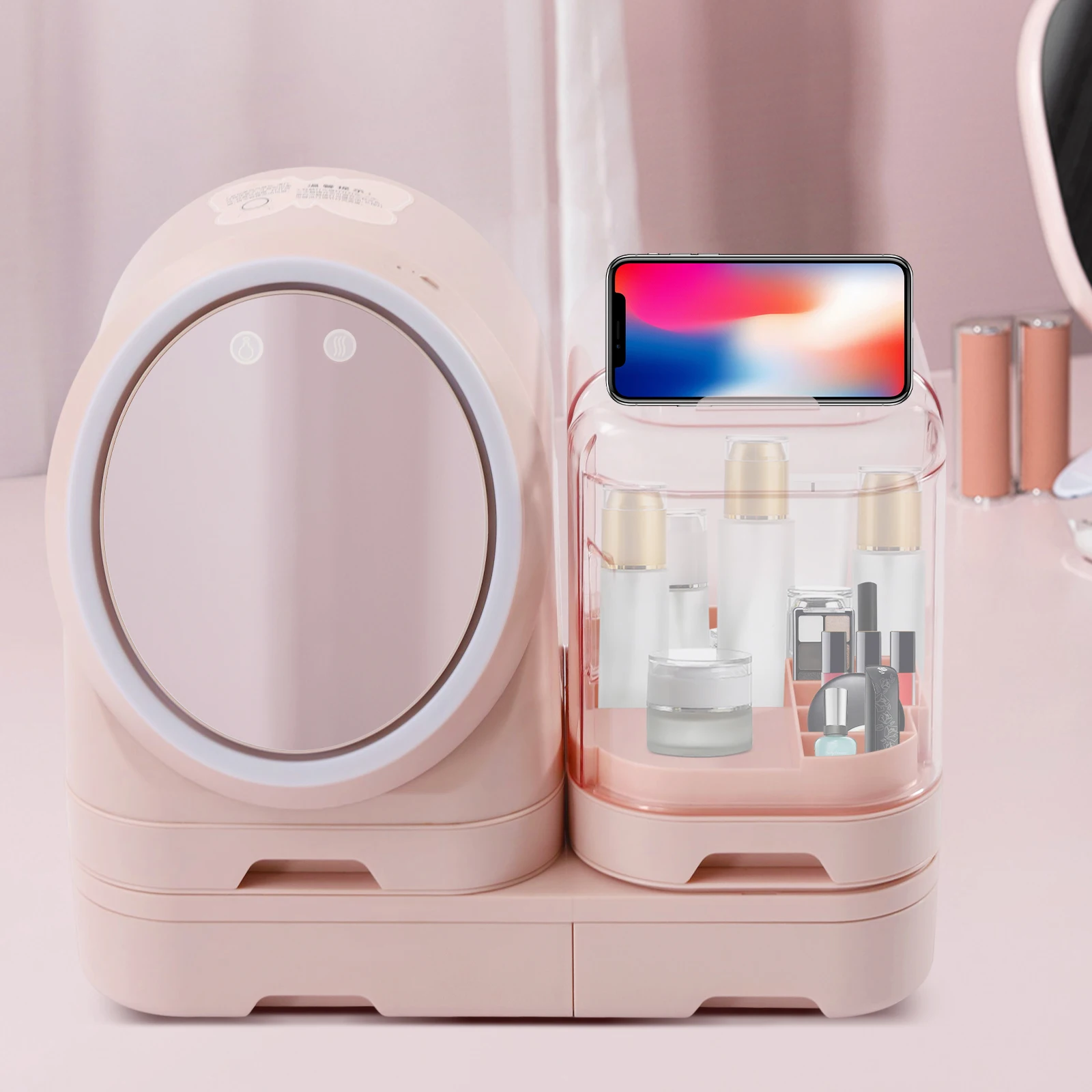 

(Pink) Tabletop Makeup Storage Organizer, Cosmetic Storage Case with LED Light Mirror Built-in Fan for Vanity Dresser Bathroom