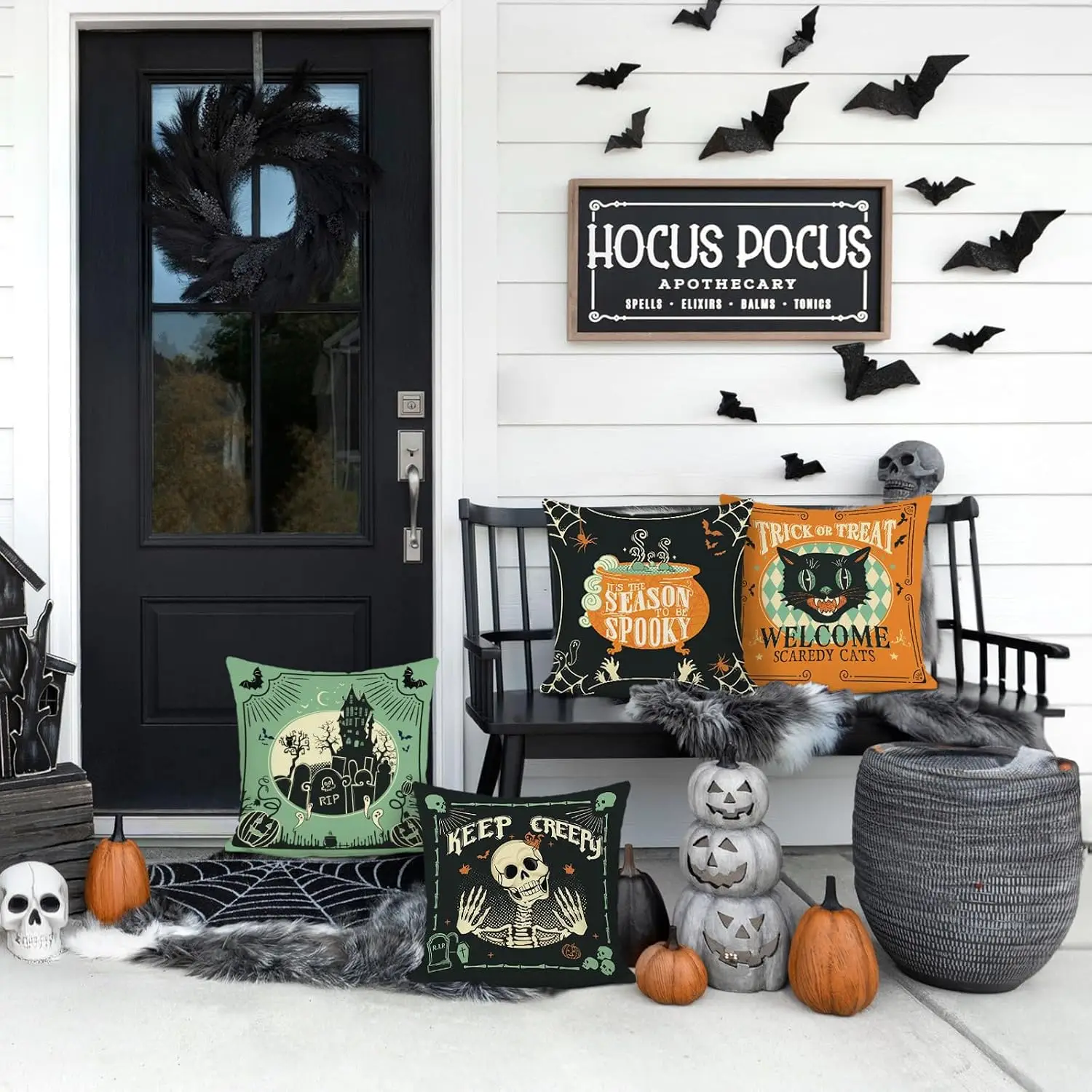 Vintage Halloween Set of 4 Double Sided Throw Pillow Covers Cat Skull Ghost Castle Bats Retro Cushion Cases Couch Decor