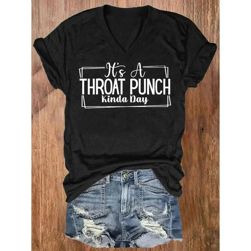 تي شيرت نسائي كاجوال بأكمام قصيرة مقاس كبير مع طباعة جريئة "It's a Throat Punch Kinda Day" - قماش ناعم وجيد التهوية، مستدير #1